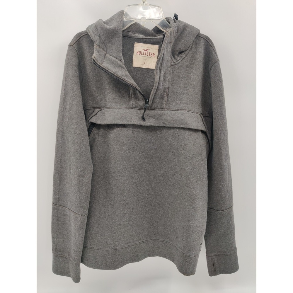 Hollister Mens Grey Quarter Zip Anorak Hoodie Thumbhole Pockets Size Small